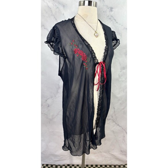 Vtg 90s Mesh Babydoll Robe XL Black Red Ribbon Rose Embroidery Gothic Romantic - Picture 8 of 14